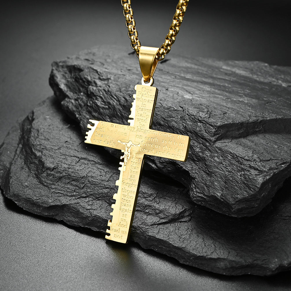 Detailed view of titanium steel double cross pendant - geometry design