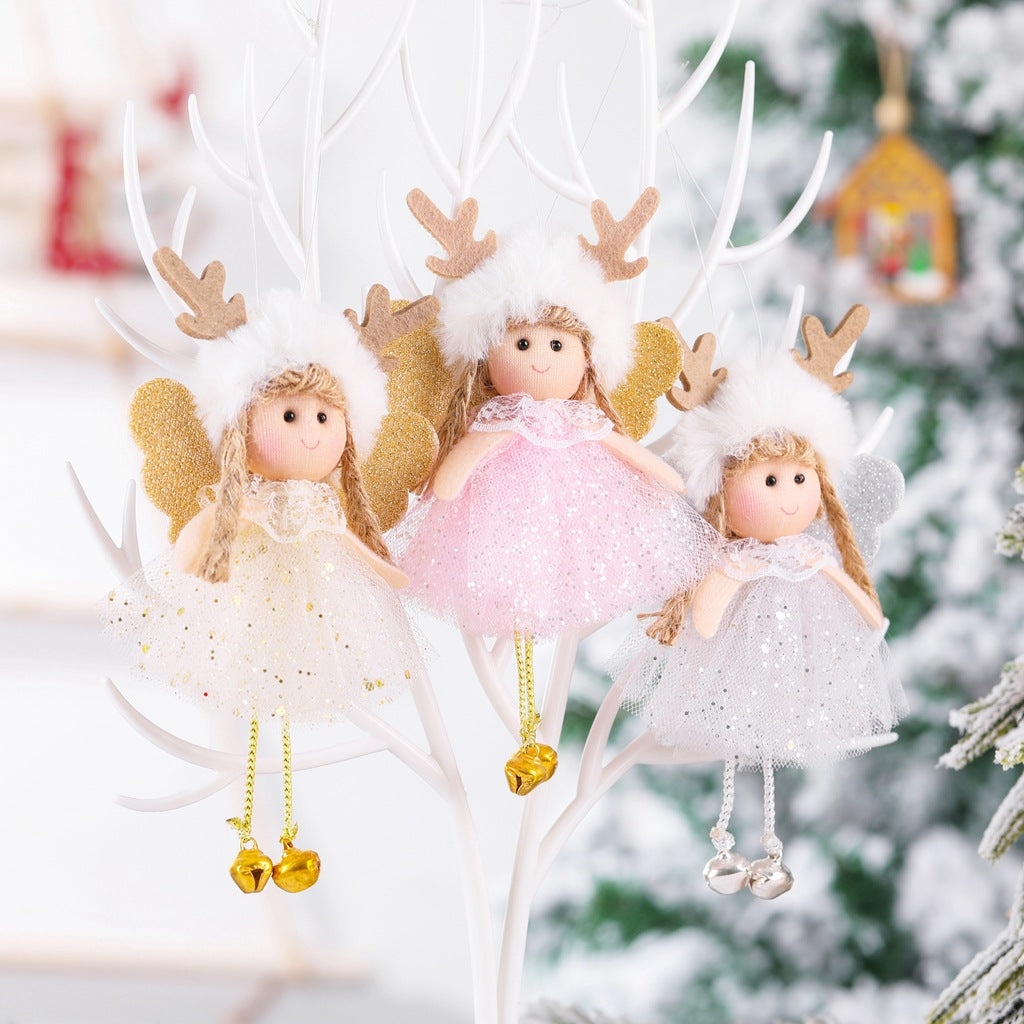 Sequined net yarn angel pendant ornament with warm lighting