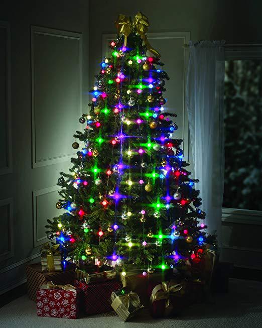 Close-up of LED Christmas string lights illuminating a festive space