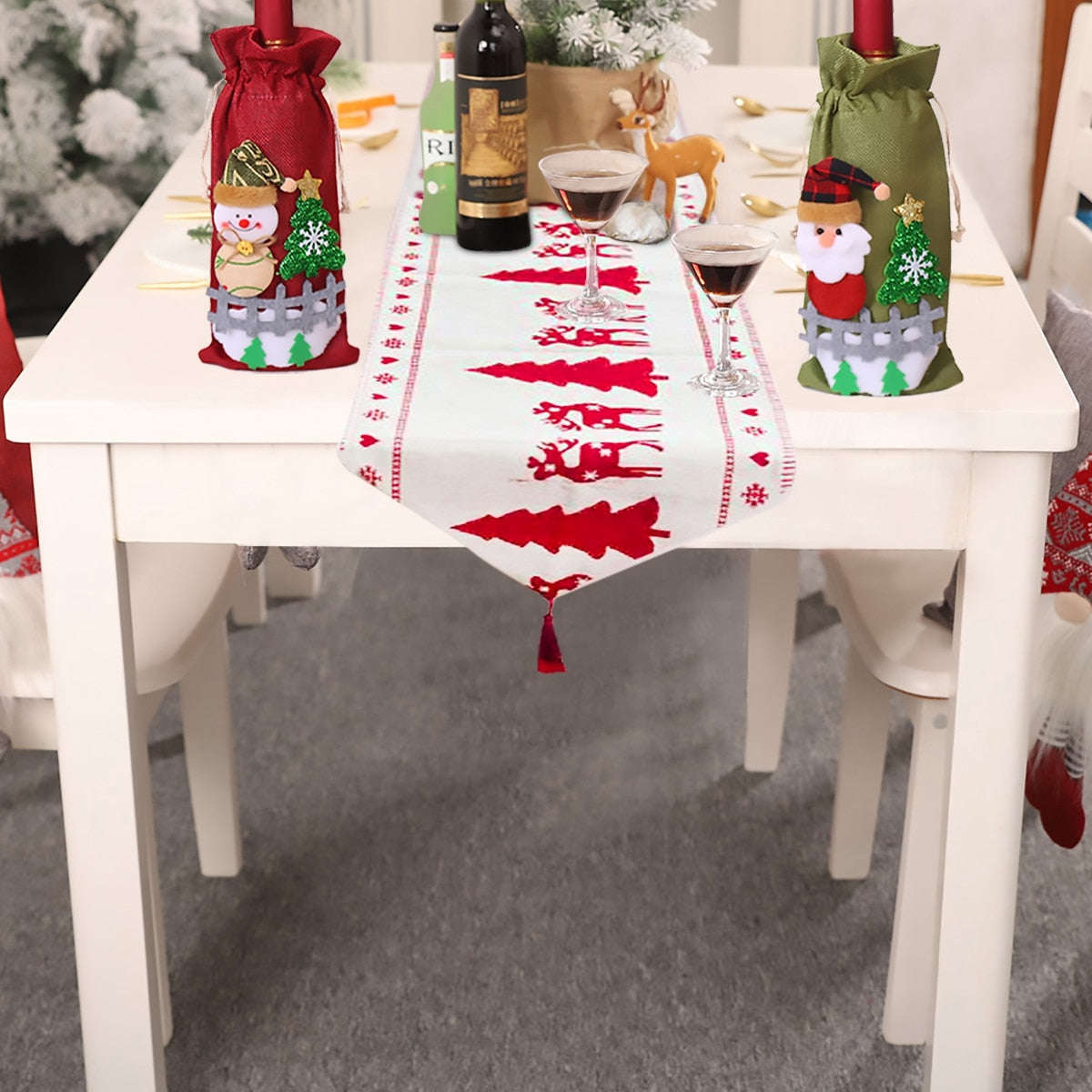 Christmas table runner showcasing festive woodland creature and snowman design