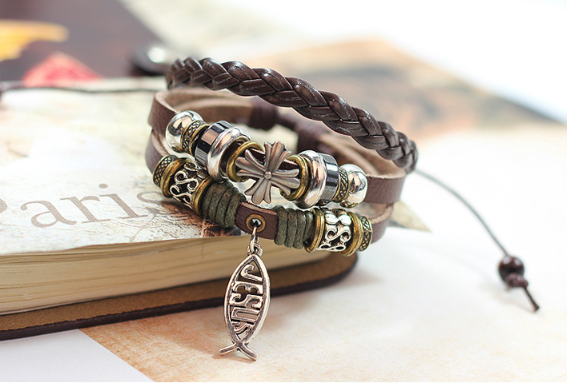 Jesus Fish Cross Leather Bracelet on wrist showing adjustable fit