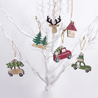 Three wooden Christmas tree ornament designs with natural wood finish
