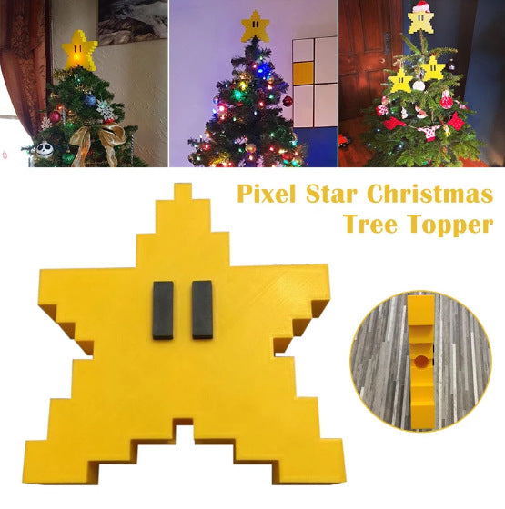 Close-up of yellow foam Christmas star ornament in pixelated art style