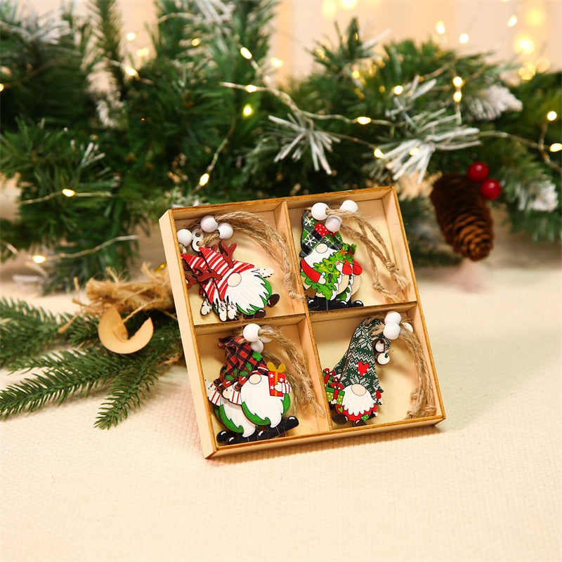 Colorful wooden Christmas tree ornaments arranged decoratively