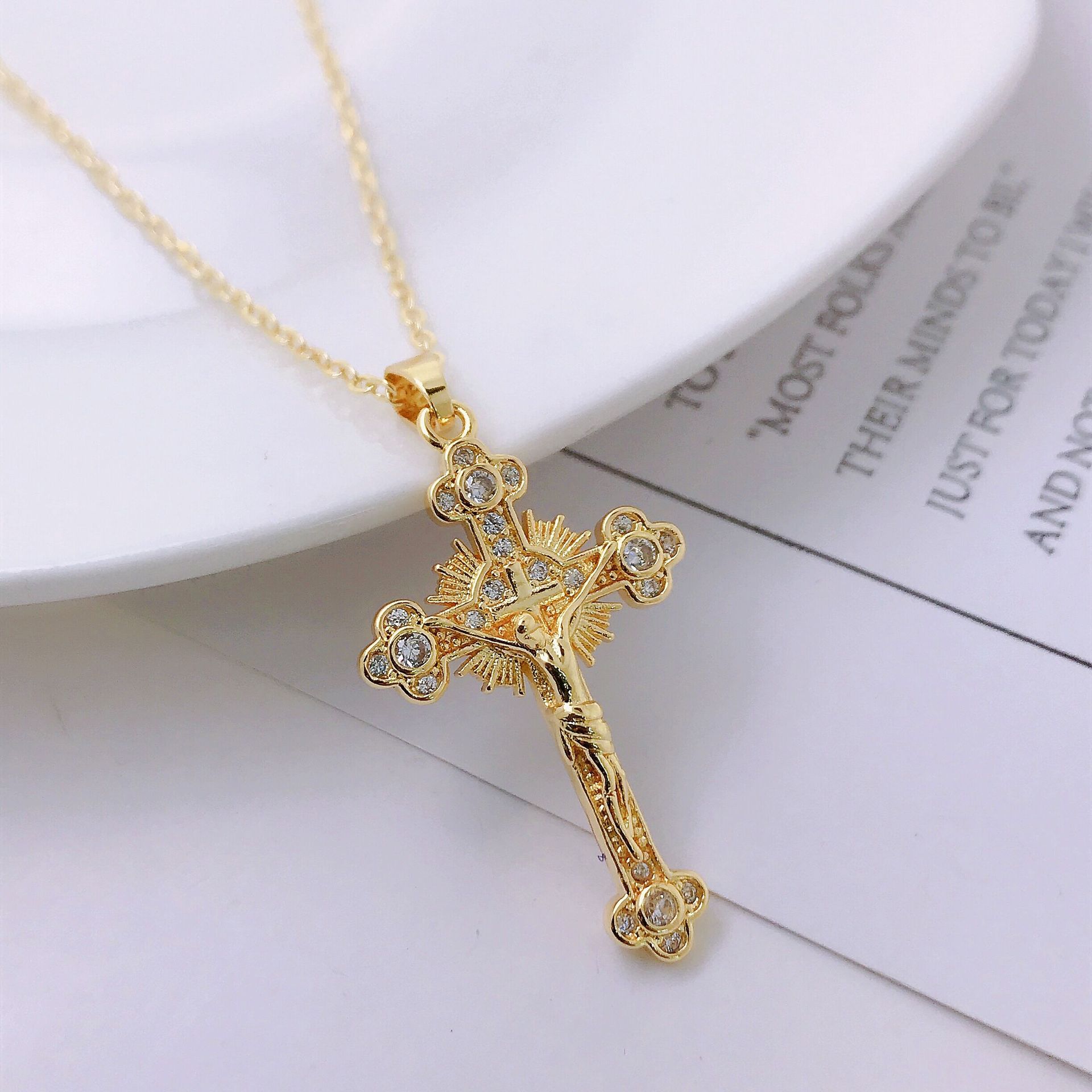 Style B Jesus Cross pendant necklace with thick chain on black background Main image
