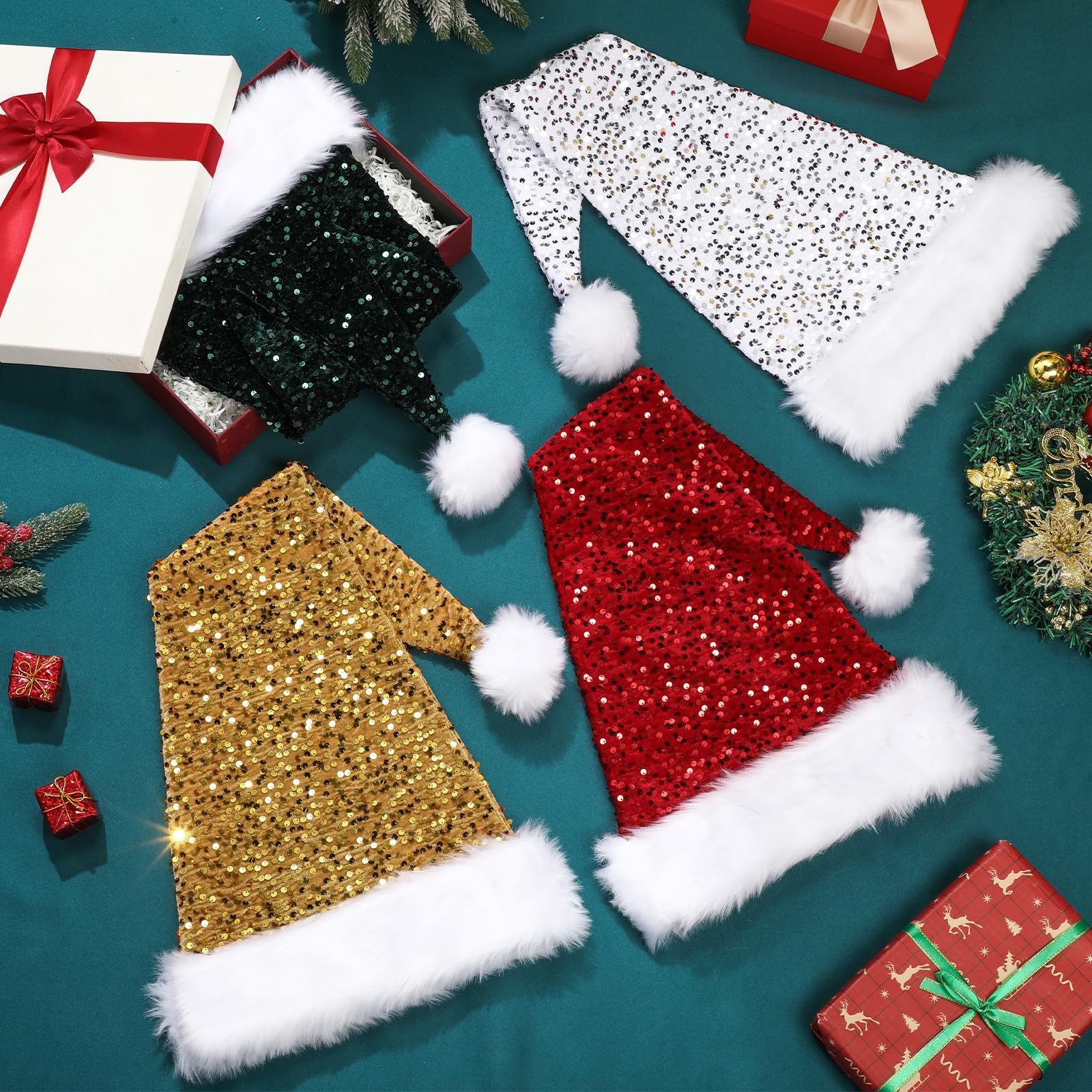 Golden sequin cap Christmas decoration showcasing shimmering fabric for festive atmosphere