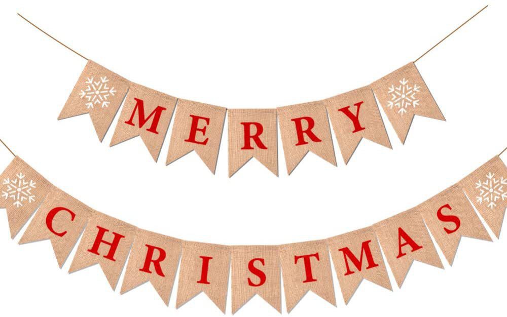 Merry Christmas pennant banner with burlap flags in festive red