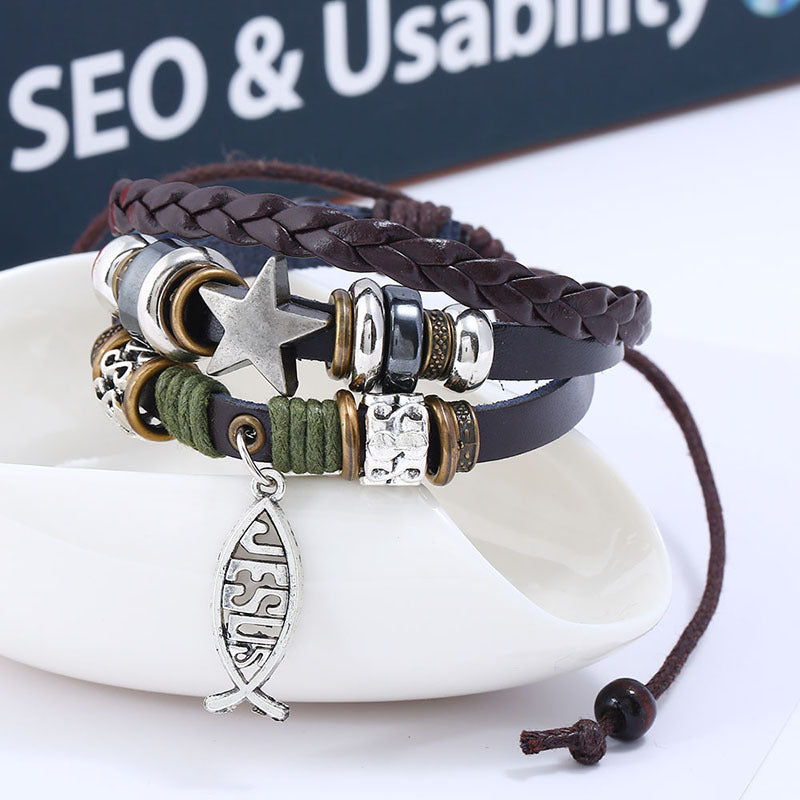 Handmade leather bracelet featuring Christian fish symbol