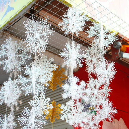 Close-up of dimensional snowflake ornament detail for Christmas decor