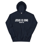 Close-up of Jesus Is King graphic print on red hoodie
