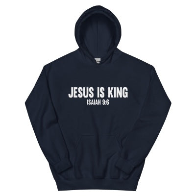 Close-up of Jesus Is King graphic print on red hoodie