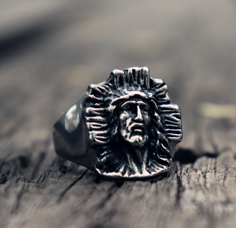 Bold stainless steel Jesus Cross ring in polished silver finish, biker style