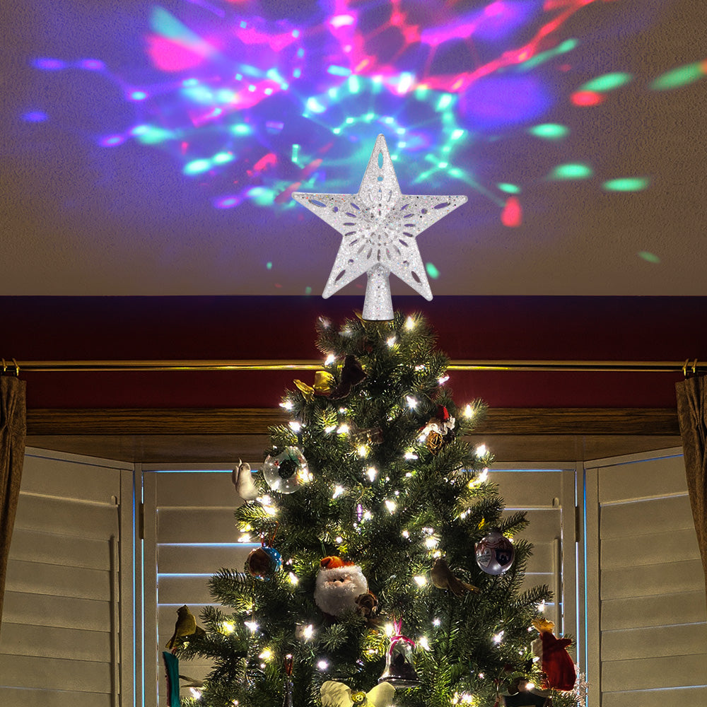 Silver star tree topper with glowing LED lights for Christmas tree
