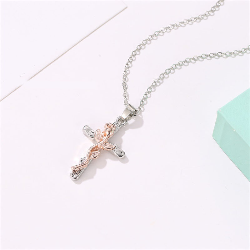 Classic alloy cross pendant necklace with vintage leaf detail