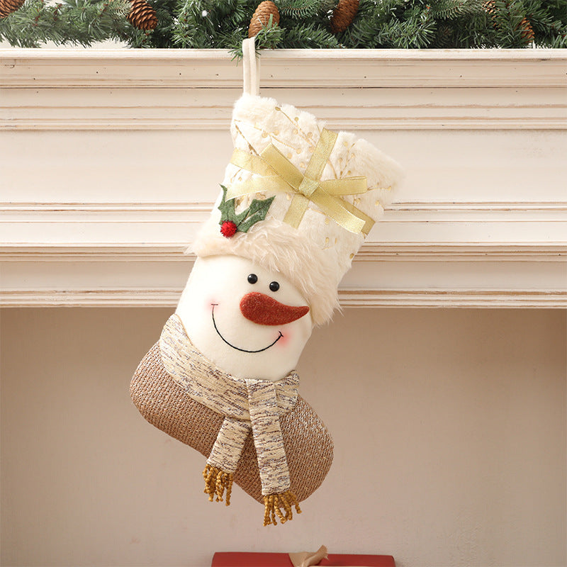 Close-up of a white fabric Christmas stocking with Nordic-inspired charm for seasonal display