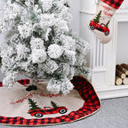 Cozy holiday scene featuring plaid Christmas tree skirt around tree
