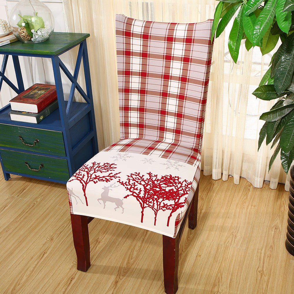 Set of Christmas chair covers with red grid pattern and holiday elk design