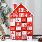 Advent calendar with traditional Christmas colors of red and green made from warm natural wood