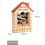 Wooden Christmas countdown calendar displayed on a festive mantel with holiday greenery