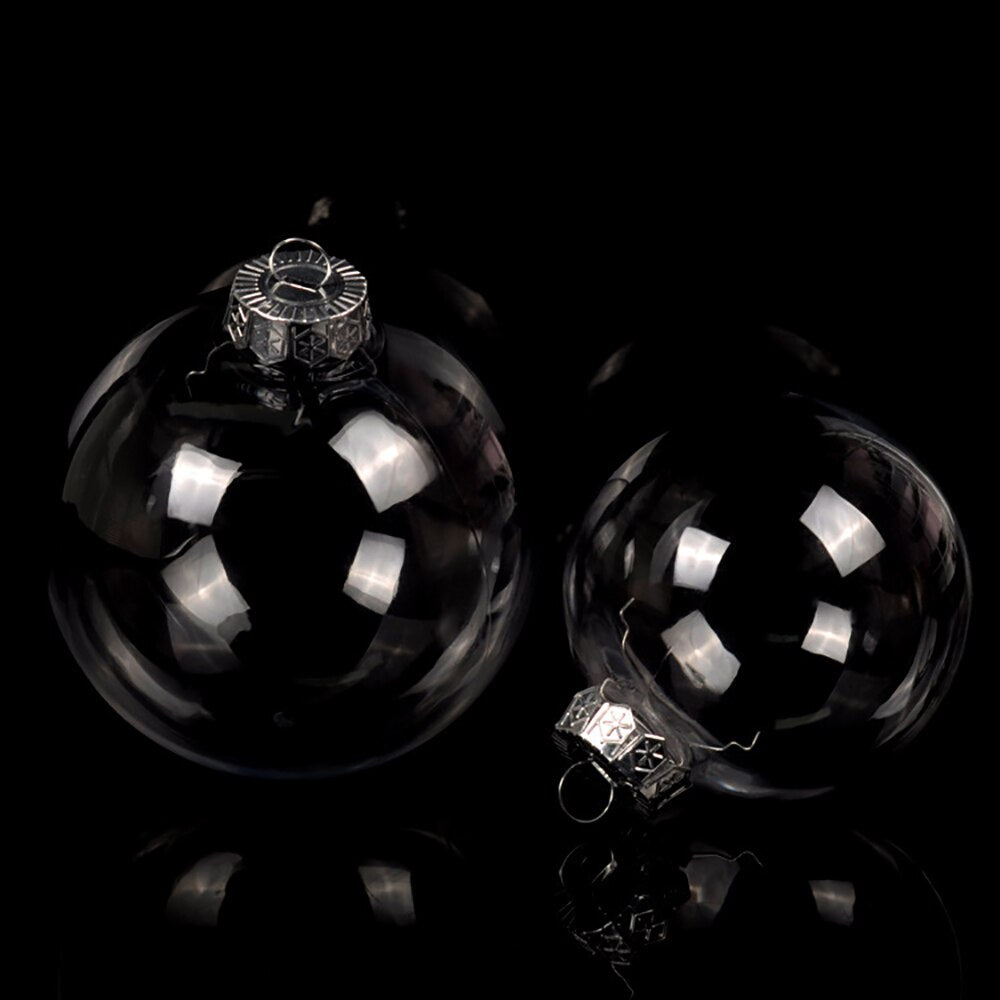 Transparent Christmas balls hanging on a decorated tree