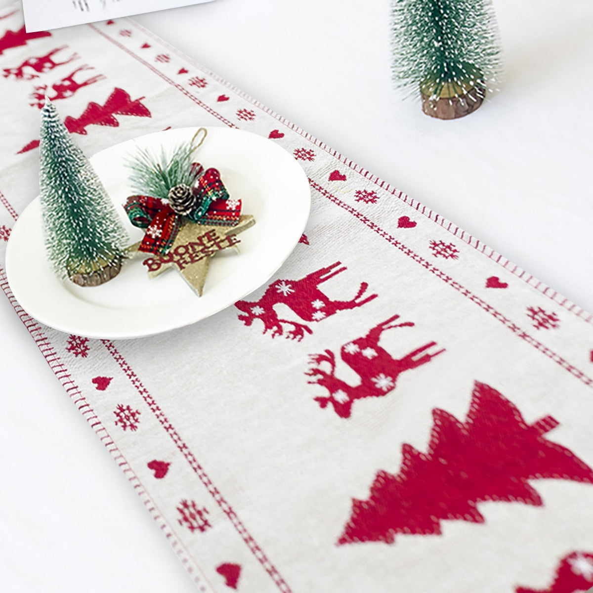 Christmas table runner with charming holiday motifs for seasonal home decorating