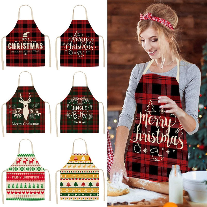 Cotton linen Christmas apron displayed flat for holiday kitchen decor