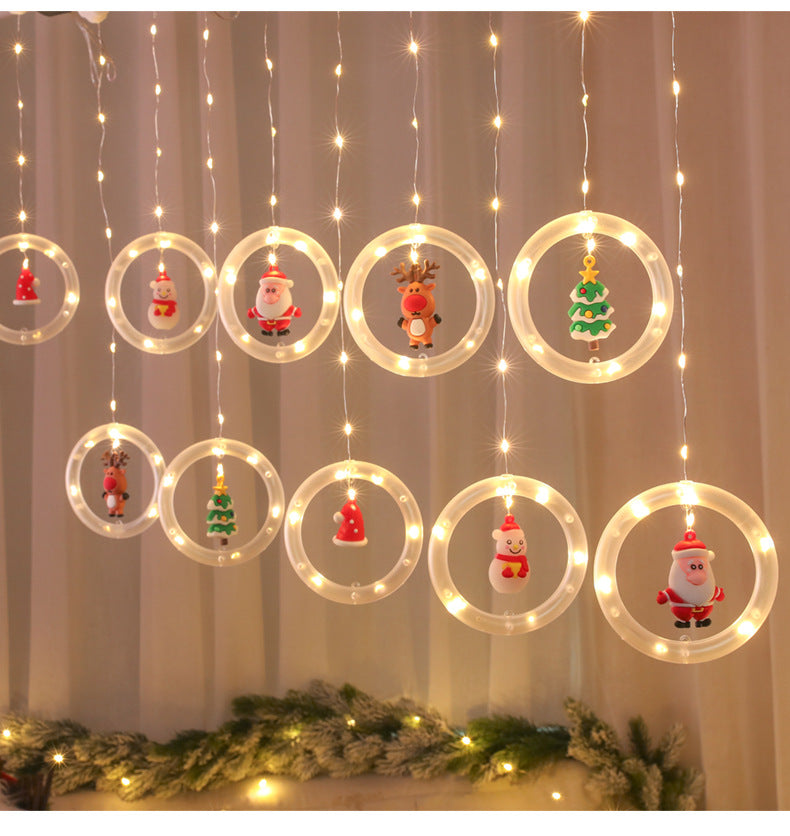 Christmas curtain lights illuminating dining table for holiday gathering