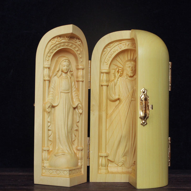 Catholic holy relic boxwood carving ornament displayed as home decor accent