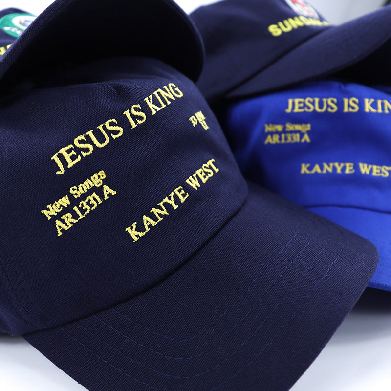 Royal blue baseball cap with bold King Jesus lettered design for men