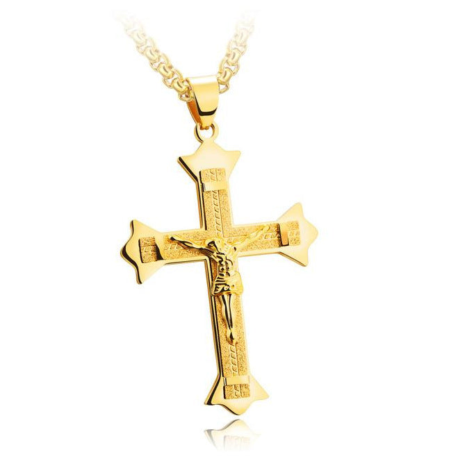 Silver tone cross necklace with velvet bag packaging