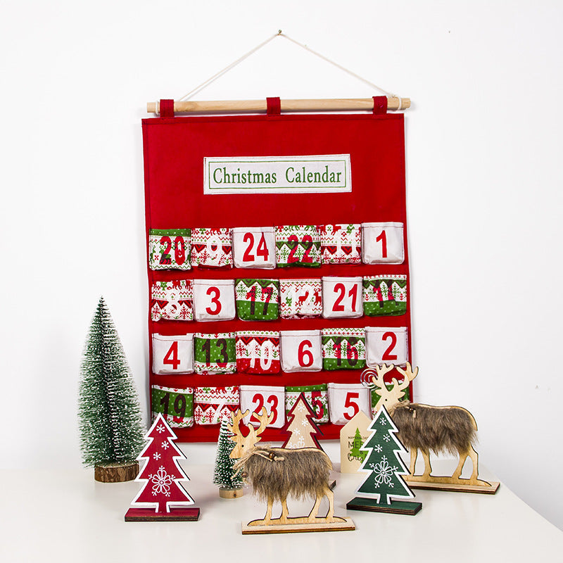 Advent calendar bag displayed on wall hook showing practical hanging design