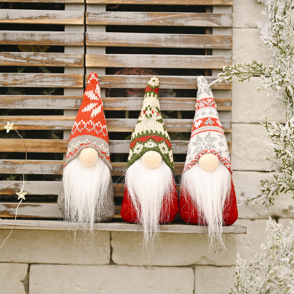 Non-woven fabric forest doll ornament texture detail showing knit snowflake pattern