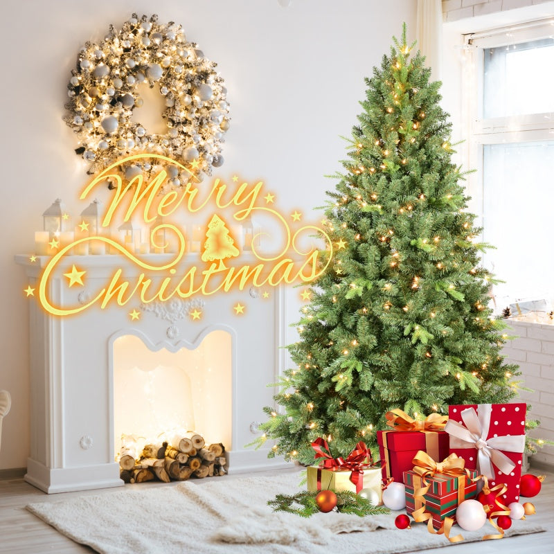 Christmas tree in home setting surrounded by wrapped gifts and holiday decorations
