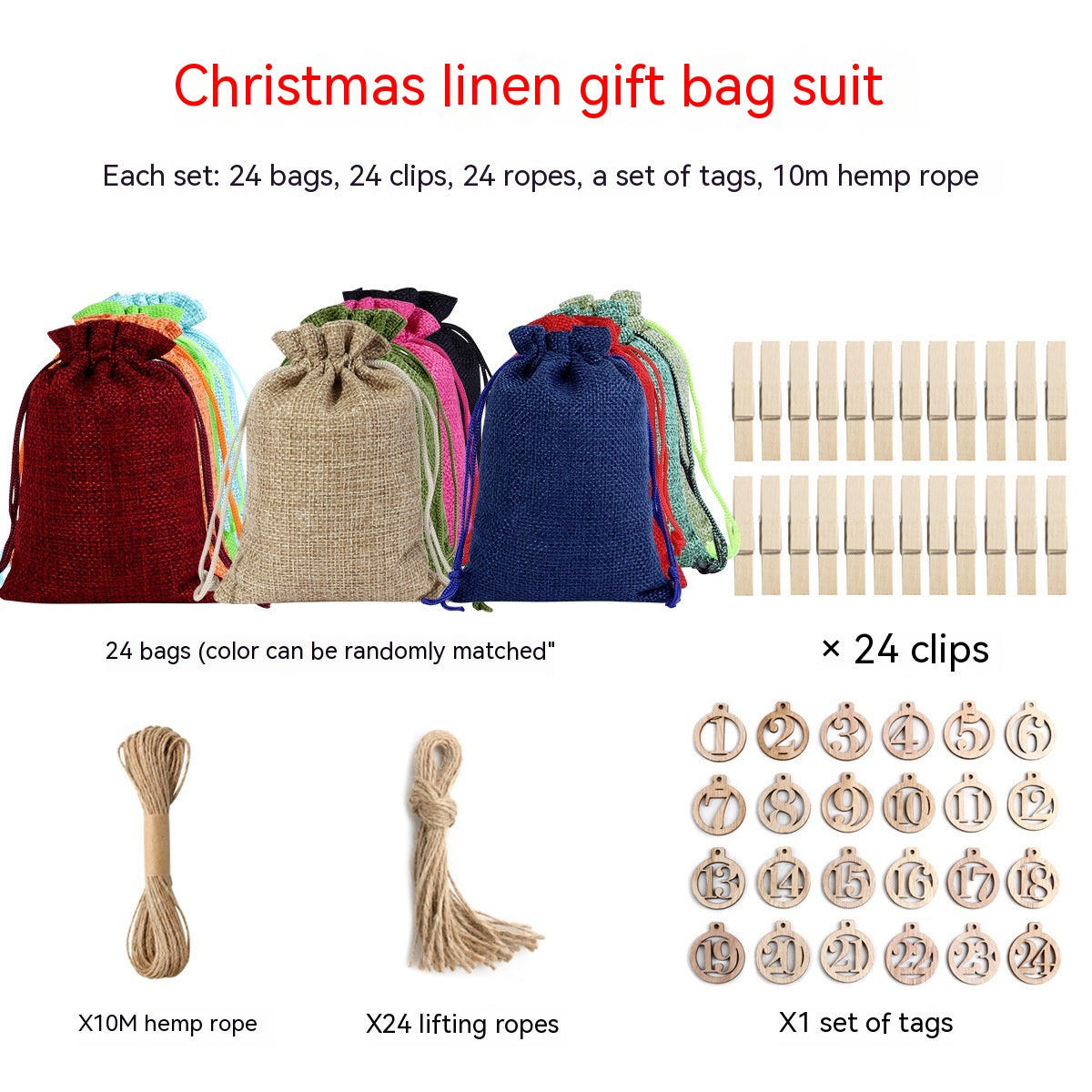 Red linen gift bag with love-themed Christmas stickers