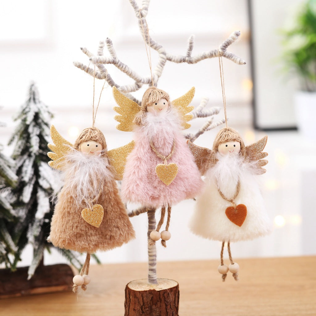 Festive angel ornament with soft plush fabric hanging decoratively