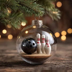 Rugby ball shaped Christmas ornament with modern art style on display