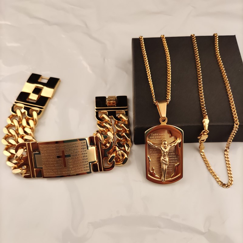 Men wearing cross necklace and bracelet set fashion