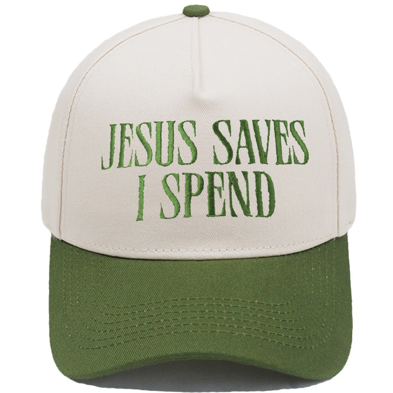 Jesus Saves I Spend color-block baseball cap in navy blue color