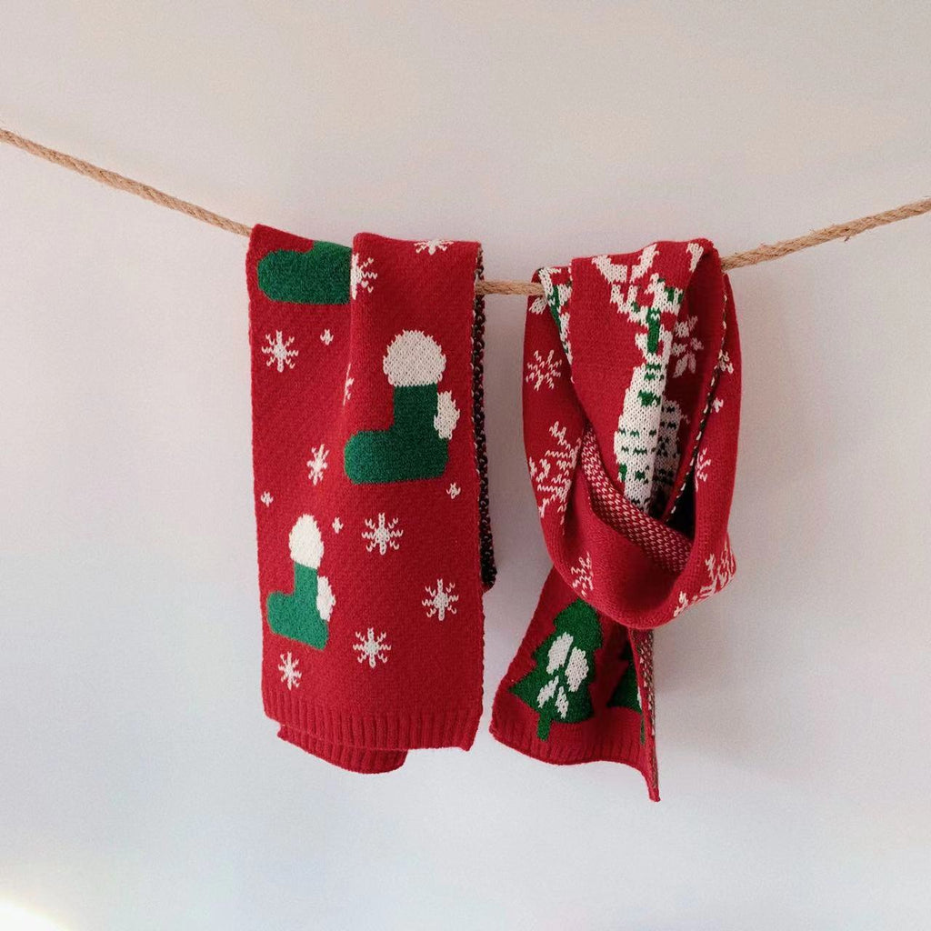Red and green embroidered Christmas scarf designed for kids aged 1-15