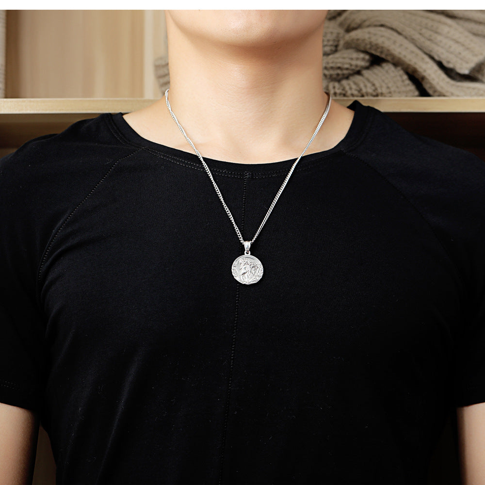 Multiple angles of Jesus pendant necklace showing front and back design