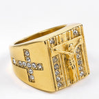 Silver-tone Jesus cross ring for men with polished finish