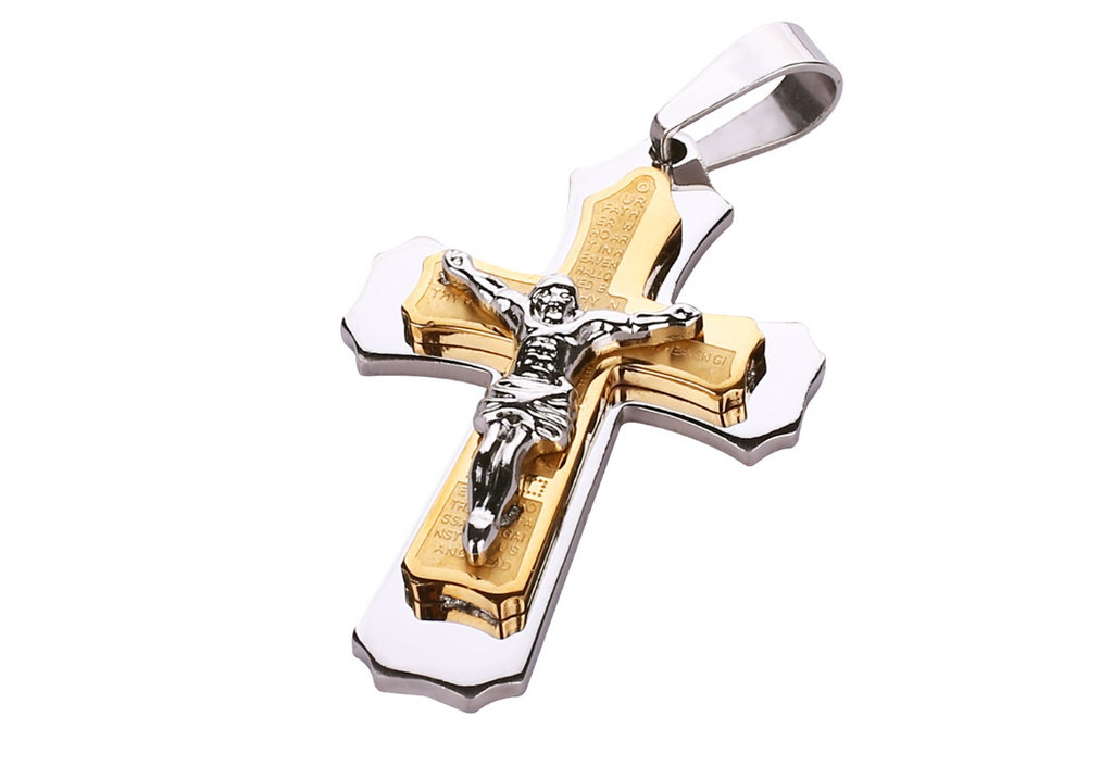 Jesus scripture golden cross titanium steel pendant necklace displayed on neutral background