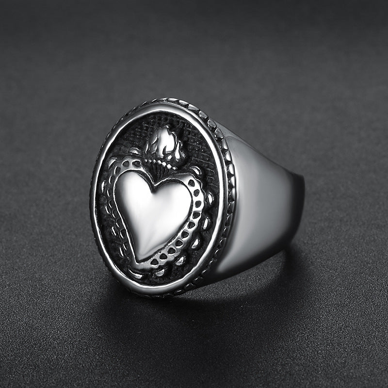 Sacred Heart of Jesus cross stainless steel ring with vintage polished finish Main image