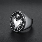 Sacred Heart of Jesus cross stainless steel ring with vintage polished finish