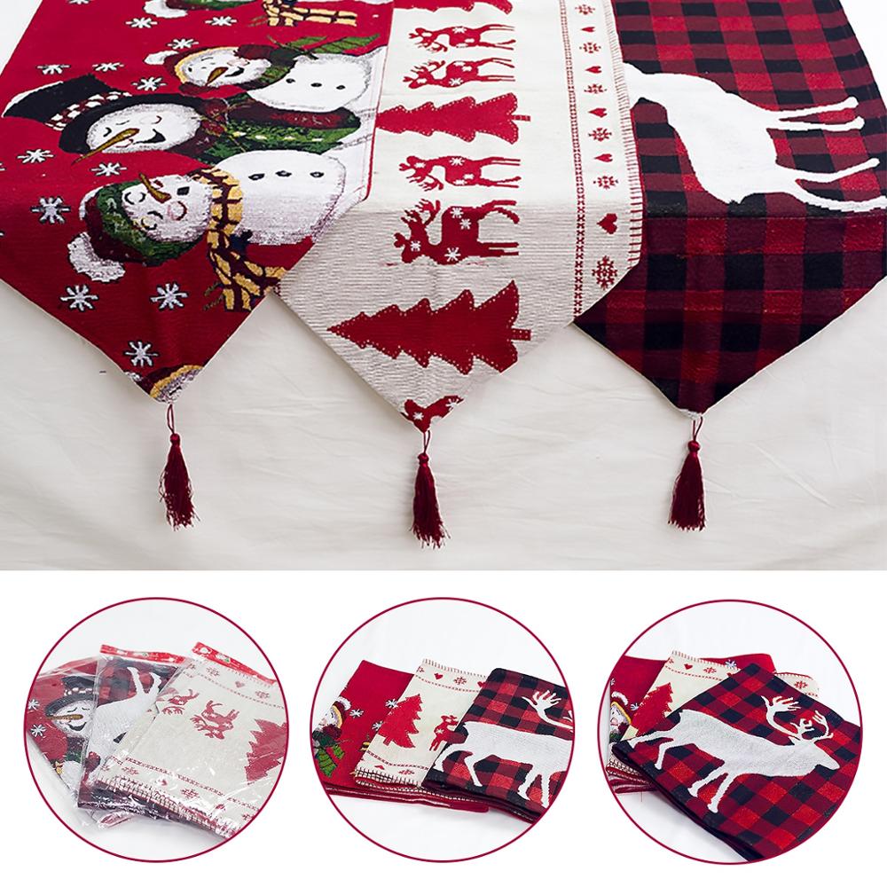 Embroidered cotton linen Christmas table runner with holiday motifs for festive home decor