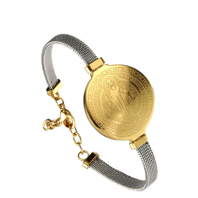 Golden titanium steel Saint Benedict bracelet for men