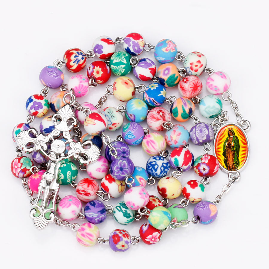 Virgin Mary figurine rosary necklace with ceramic beads Main image