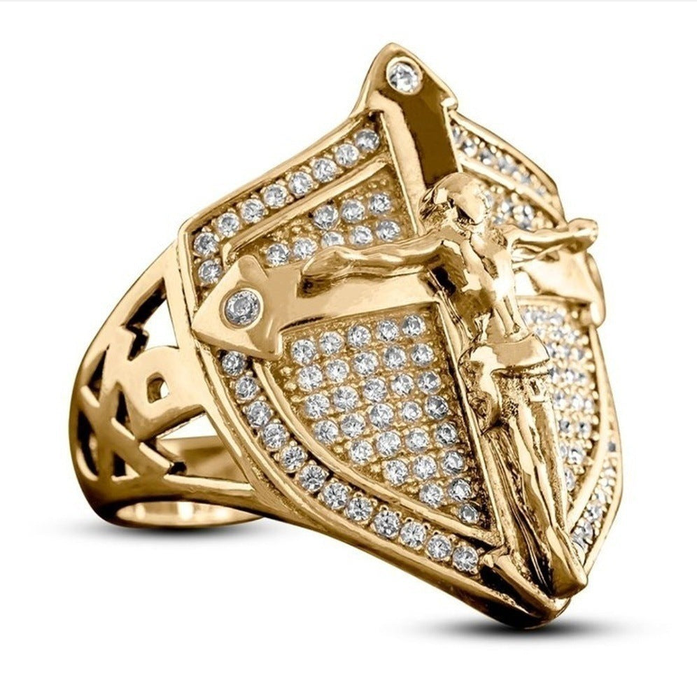 Golden 18K cross ring with shield design featuring artificial gem accents Main image