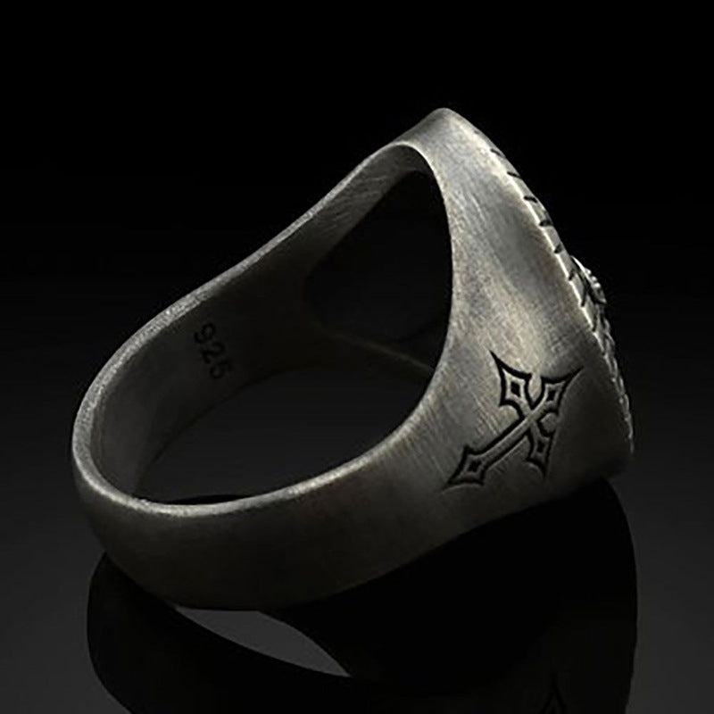 White gold oxidized ring featuring Jesus for Christian men