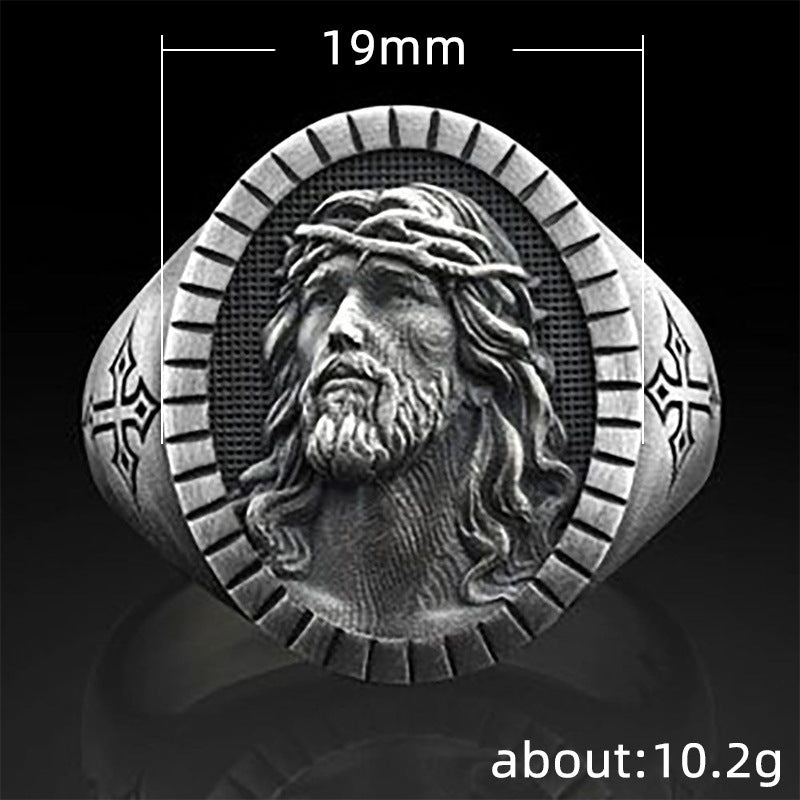 Men's Jesus oxidized ring with religious motif in white gold tone